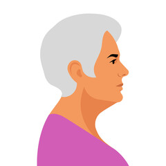 Aged woman profile. Female elderly  senior adult lady. Silver generation granny, side view. Pensioner. Senior citizen. Contemporary modern vector illustration.