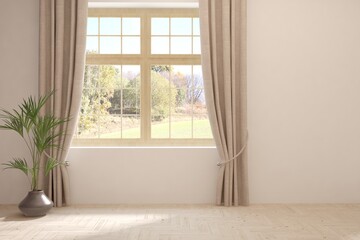 Fototapeta na wymiar Stylish empty room in white color with autumn landscape in window. Scandinavian interior design. 3D illustration