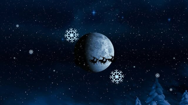 Animation of santa in sleigh with reindeer over snow falling and winter landscape at christmas