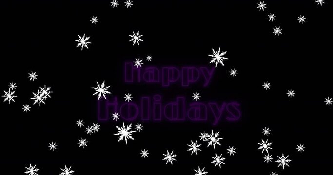 Animation of happy holidays text over snow falling on black background at christmas