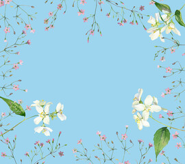 Watercolor frame of wild pink flowers and jasmine