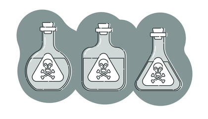 Three bottle of poison with skull in profile on shape background. Dangerous container. Potion beverage medical concept. Chemistry addiction icon. Venom, danger symbol. Isolated flat illustration