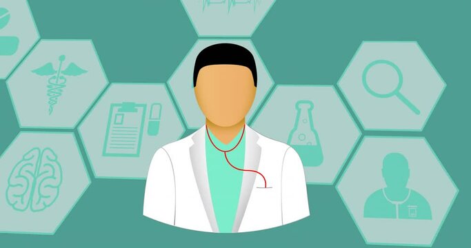 Animation of doctor icon over medical icons on green background