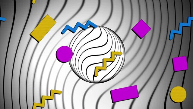 Animation of grey circle and lines with flickering shapes