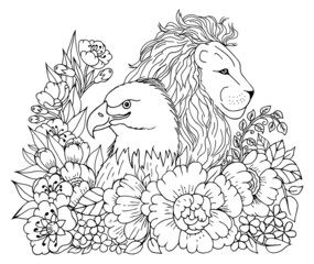 Illustration. Portrait of a lion and an eagle among the flowers. Coloring book. Antistress for adults and children. The work was done in manual mode. Black and white.