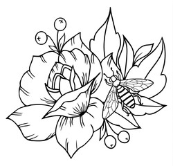 Illustration. A bee is sitting on a peony flower. Coloring book. Antistress for adults and children. Tattoo. The work was done in manual mode. Black and white.