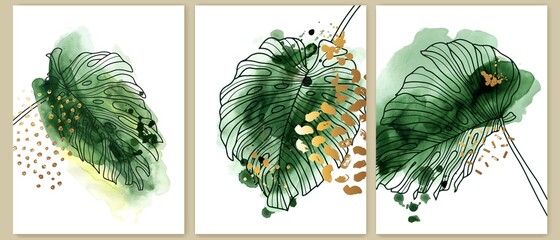 Set of elegant vertical watercolor exotic wallpapers, posters, wall art, cards, covers design. Monstera leaves