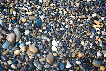 Wet pebblestone background on sea shore