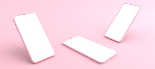 3D rendering of mockups pink Smartphone white screen on pink floor, pink Mobile phone lay down on the ground. Smartphone white screen can be used for commercial advertising,Isolated on pink background