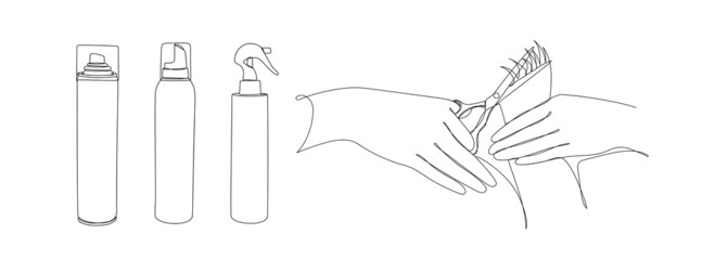 Continuous black line of hands with scissors and hair fixation spray. Set of hairdresser details in linear style on white. Hand drawn continuous line art vector illustration. 