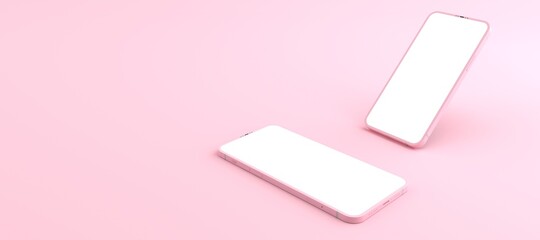 3D rendering of mockups pink Smartphone white screen on pink floor, pink Mobile phone lay down on the ground. Smartphone white screen can be used for commercial advertising,Isolated on pink background