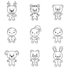 Set of outline Christmas gingerbread mans and gingerbread animals. Vector flat pattern with holiday cookie