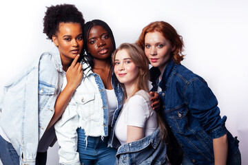 diverse multi nation girls group, teenage friends company cheerful having fun, happy smiling, cute posing isolated on white background, lifestyle people concept, african-american and caucasian