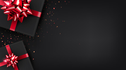 dark background with gifts wrapped in black paper and tied with a red shiny ribbon in a bow. Glitter boxes are laid out on a table or other surface. Vector realistic illustration for birthday