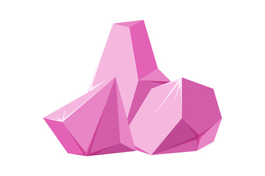 Crystals broken into pieces. Smashed ruby crystals. Broken gemstones or pink rocks. Vector illustration in cartoon style