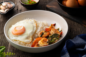 Cooked rice and Stir Fried Basil with Shrimp and Fried Egg.Thai food