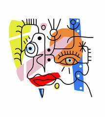 Abstract surreal illustrated face of geometric shapes painted in pop colors.Isolated on a white background.