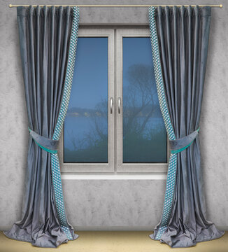 Elegant straight curtains made of velvet fabric trimmed at the edges with an ornamental border, decorate the window with a beautiful view of the night landscape in the fog