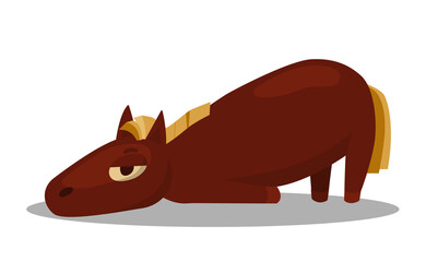 Cartoon single tired horse. Vector illustration of horse lying on the ground. White background.
