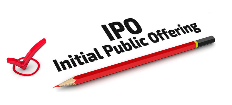 IPO. Initial Public Offering. The check mark. One red check mark with black text IPO. Initial Public Offering and red pencil lies on a white surface. 3D illustration
