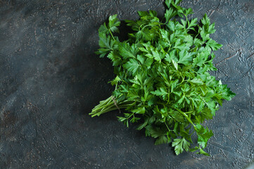 Bunch of raw green parsley on black concrete background, top view with copy space
