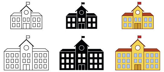 School Building Clipart Set - Outline, Silhouette and Color
