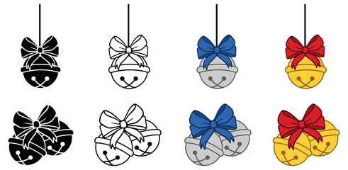 Sleigh Bell with Bow Clipart Set - Silver, Gold, Outline and Silhouette - obrazy, fototapety, plakaty