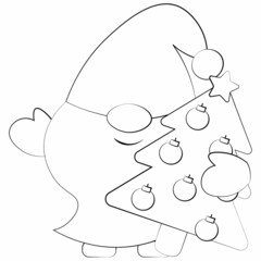 Little christmas Gnome with christmas tree. Draw illustration in black and white