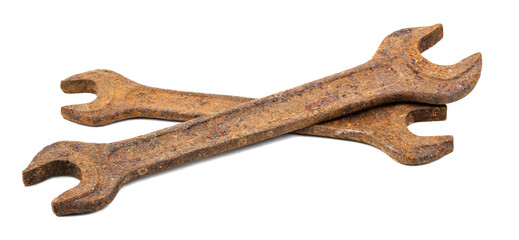 Old rusty wrenches on a white background