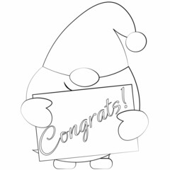 Little greeting Gnome with congration. Draw illustration in black and white