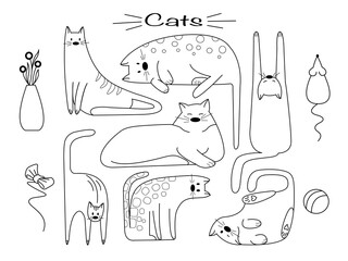Vector set with cats. Line art. Elements for design 