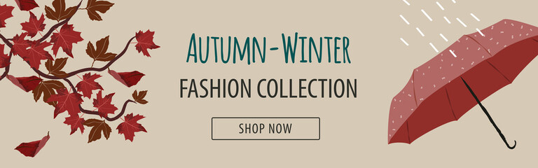 Fototapeta na wymiar Horizontal banner for autumn-winter fashion new collection with red umbrella and maple branch with leafs. Promo background with autumn foliage in red, blue and beige tones with texts. 