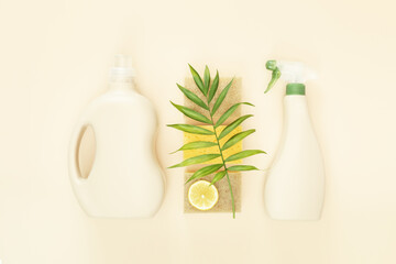 Mock up for eco friendly natural cleaning products. Eco friendly home cleaning composition with a...