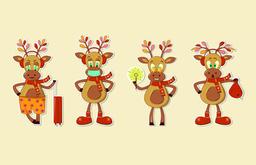 Christmas reindeer, stickers. Characters with different emotions and accessories. Santa's friends. Isolated vector illustrations. Beautiful design for postcards.