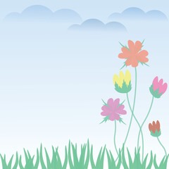Blue sky and flower for card printing.Colorful flowers under clear blue sky.