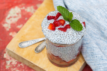 Chia pudding with fresh strawberries for breakfast