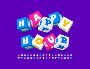 Vector promo emblem Happy Hour. Creative Cubic Font, Isometric Alphabet Letters and Numbers set