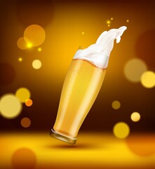 Realistic Detailed 3d Golden Beer Glass with Splashes on Amber Background for Marketing amd Promotion. Vector illustration