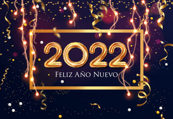 2022 New Year Spanish greeting card (Feliz Año Nuevo 2022). Spanish 2022 New Year Version. Spanish 2022 Happy New Year background.