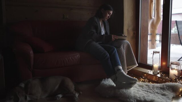 Middle-aged Female reading the novel book sitting on cozy couch near the window in country house. Her beagle dog lying next to sofa.  Home sweet home and education 4K footage concept. 