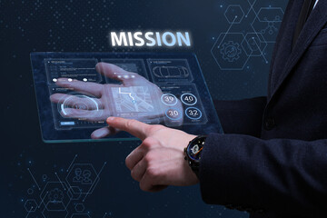 Business, Technology, Internet and network concept. Financial Graph. Stock Market chart. Young businessman working on a virtual screen of the future and sees the inscription: Mission