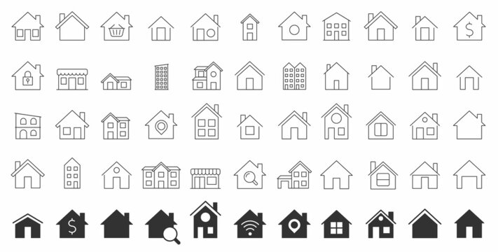 Home line icon set. Set of 100 House icons. Smart home icon set. Estate line icons. Rent, building, agent, house, auction, realtor. Vector illustration.
