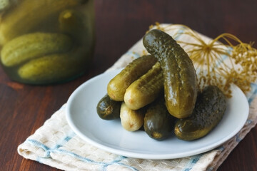 Marinated pickled cucumbers.Pickled cucumbers with herbs and spices