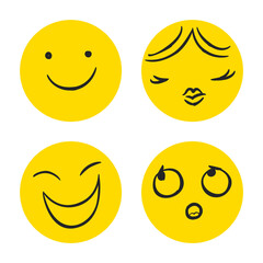 Fototapeta premium Happy Doodle Smile Collection Isolated on White Background. Simple Faces. Cute Icon Set.