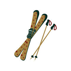 Vector illustration of hand drawn isolated skis with ski poles. Design for winter sport for logo, icon, banner.