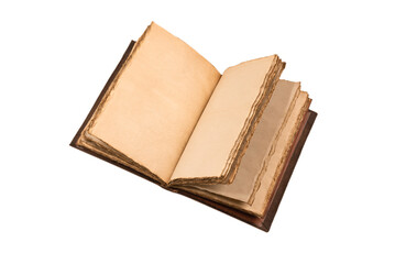 An open empty old notebook isolated on a white background.
