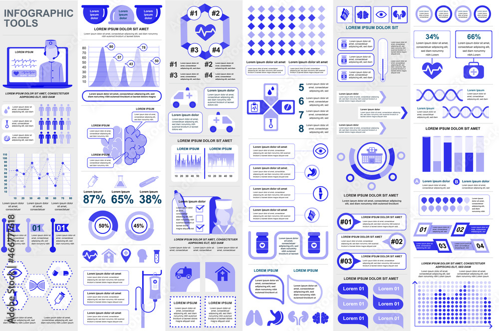 Leinwandbilder Bundle medical infographic elements data visualization vector design template. Mega set. Can be used for steps, processes, workflow, diagram, healthcare concept, timeline, icons, info graphics.