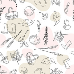 Autumn mood board texture. Line art seamless pattern. Stock vector illustration.