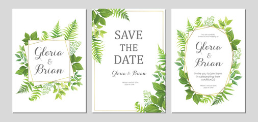 Wedding invitation with green leaves border and geometric frames. Invite card with place for text. Frame with forest herbs. Vector illustration.