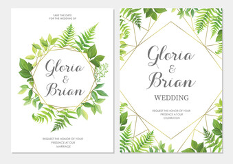 Wedding invitation with green leaves border and geometric frames. Invite card with place for text. Frame with forest herbs. Vector illustration.